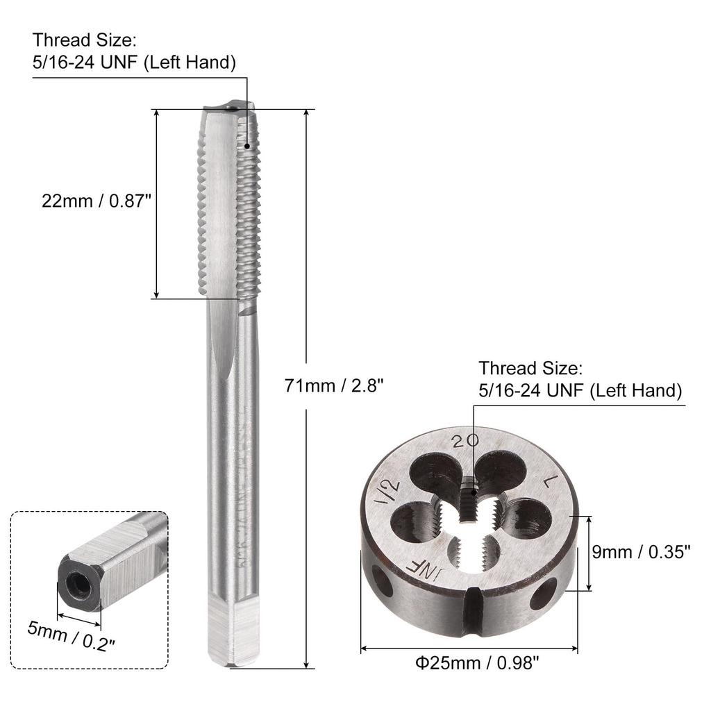 Uxcell 2-Piece Tap & Die Set, 5/16-24 UNF Left-Handed Thread Tap & Round Die, Tapping Thread Tool, Tap & Die Kit for Nut, Screw, Bolt Thread Repair