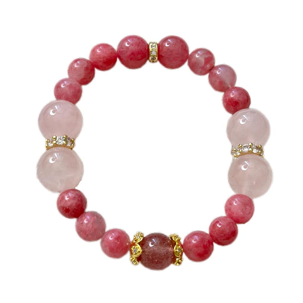 Garden Spring Colors: Red Veined Stone, Rose Cherry Blossom, Pink Crystal Strawberry Mixed Bracelet