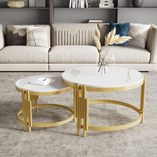 Sofa Side Table Modular Coffee Set, Marble Look, Golden Metal Frame, Round Tea Tables in Two Sizes, Nesting Table, Set of 2