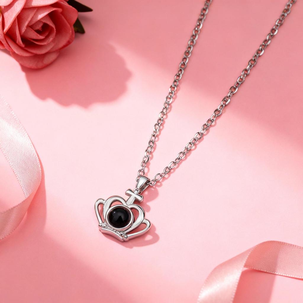 100 Languages 'I Love You' Crown Projection Necklace - Titanium Steel Clavicle Chain for Women