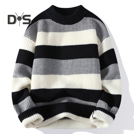 Fall Winter Men Sweater Half-high Collar Thickened Knitted Warm Loose Colorblock Loose Long Sleeves Pullover Daily Wear Sport Sweater