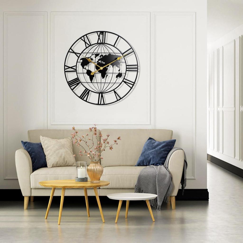 Large World Map Wall Clock, Metal Minimalist Modern Clock, Round Silent Non-Ticking Battery Operated Wall Clocks for Living Room/Home