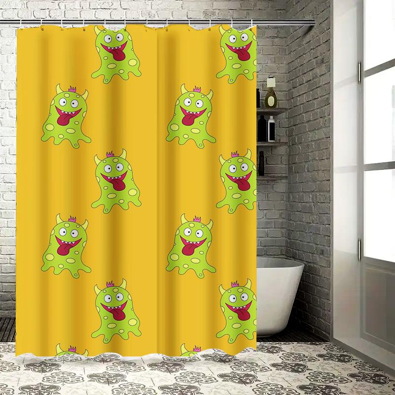 Adorable Monster Print Shower Curtain Cheerful Green Creature Pattern for Bathroom Decor Water-Resistant Fabric with Hook Rings