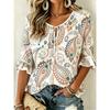Women's Blue Beige Paisley Print Tie Neck Blouse