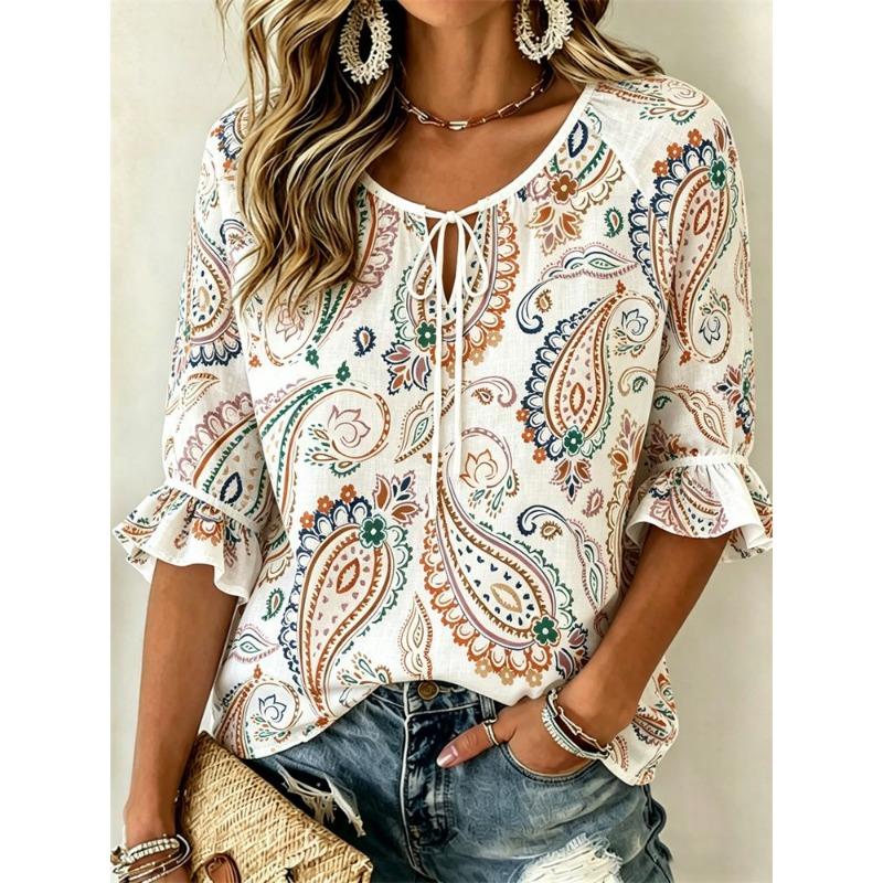 Women's Blue Beige Paisley Print Tie Neck Blouse