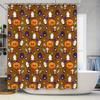 Halloween-Themed Shower Curtain With Pumpkin, Cat, And Ghost Designs In Orange And Purple Colors Made From Polyester Fabric For