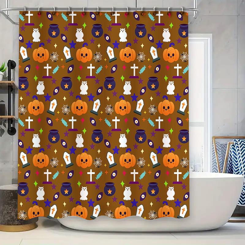 

Halloween-Themed Shower Curtain With Pumpkin, Cat, And Ghost Designs In Orange And Purple Colors Made From Polyester Fabric For W60H190(CM)-1 Pcs