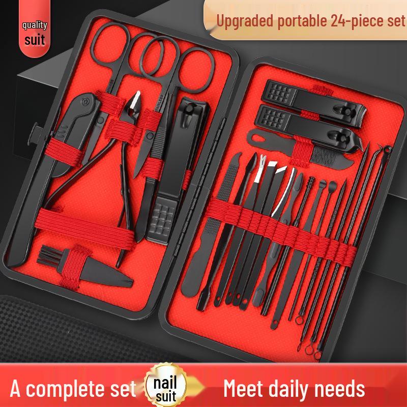 24-teiliges Schwarz-Rot-Nagelknipser-Set mit Schrägschnitt-Knipser, Pediküre-Werkzeugen und Hautscheren