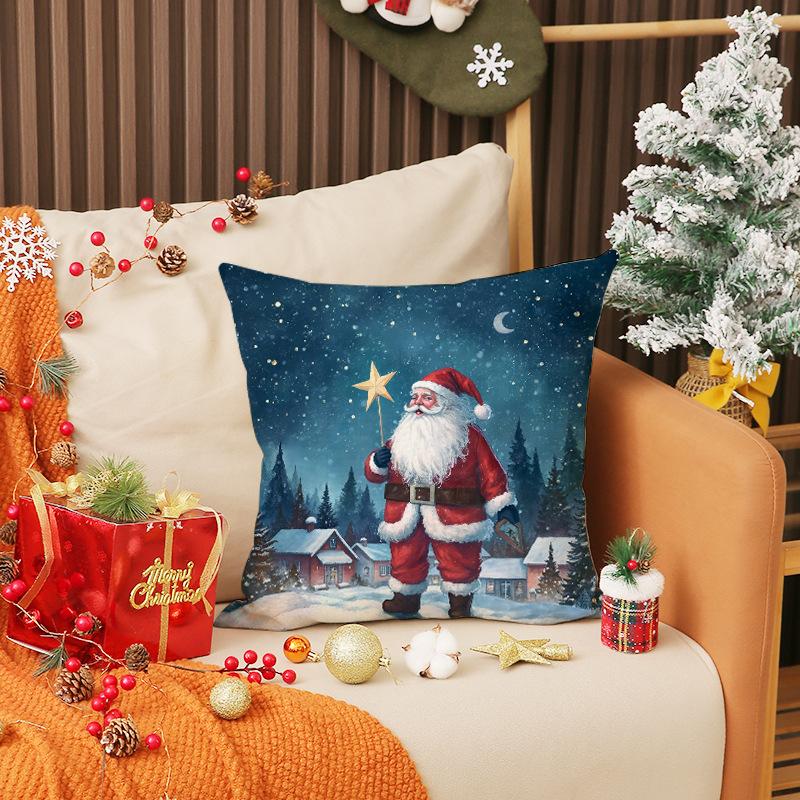 New Christmas Pillow Cover Holiday Decoration Santa Claus Print Cushion Linen Stain-resistant Home Sofa Cushion