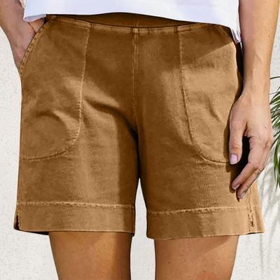 Women's Cotton Linen Shorts Elastic Waist Baggy Short Pants with Pockets Casual Knee-Length