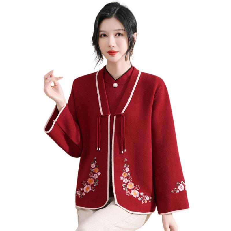 Mom autumn and winter fashion knitted long-sleeved two-piece set medium and old women's cardigan jacket top