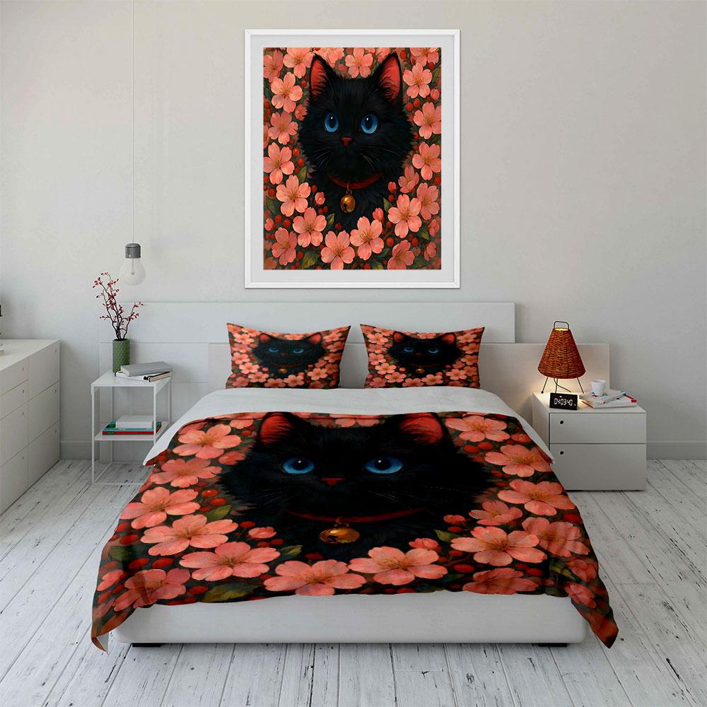 Schwarze Katze umgeben von rosa Blüten Druck Bettwäsche Set 1 Bettbezug 2 Kissenbezüge für Erwachsene und Kinder Luxuriöses Geschenk Vollgröße