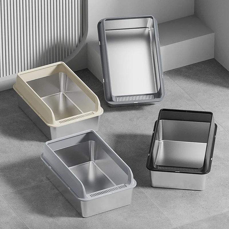 Katzenklo aus Edelstahl mit großer Kapazität, halb geschlossen, Katzentoilette mit erhöhtem Rand, spritzwassergeschütztes Katzenklo, Haustierbedarf