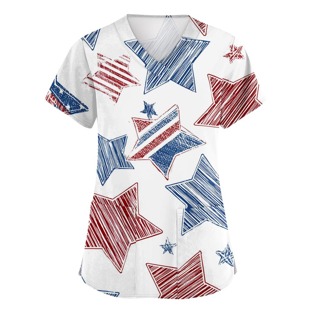 Women's Fashionable V-Neck Short-Sleeved Work Top With Pockets And Independence Day Print  Uniform