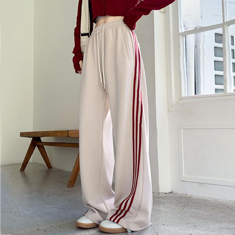 Women's Pant Solid Colour Stripe Patchwork Straight Tie High Waisted Trousers