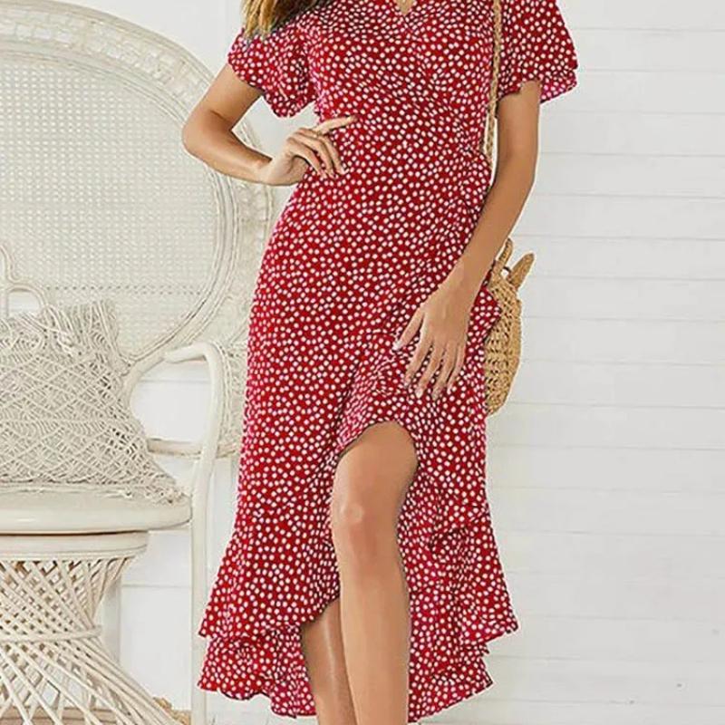 Summer Beach Maxi Dress Women Floral Print Boho Long Chiffon Dress Ruffles Wrap Casual V-Neck Split Sexy Party Dress Robe Femme