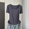 Plus Size Women Square Neck Short Sleeve Tee Ribbed Standard Shoulder Slim Summer Top