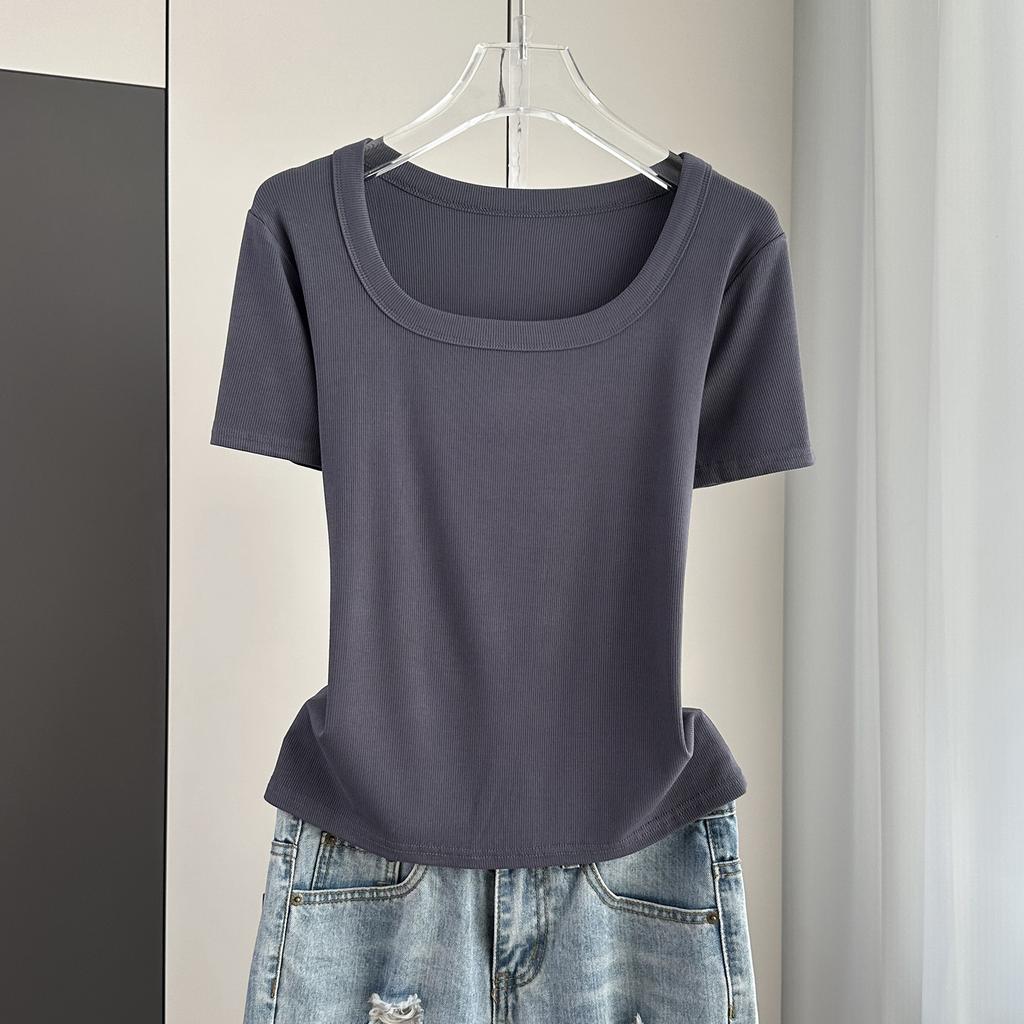 Plus Size Women Square Neck Short Sleeve Tee Ribbed Standard Shoulder Slim Summer Top