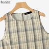 ZANZEA Women Summer Round Neck Sleeveless Grid Print Tank Tops
