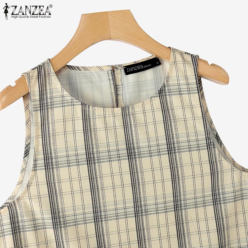 ZANZEA Women Summer Round Neck Sleeveless Grid Print Tank Tops