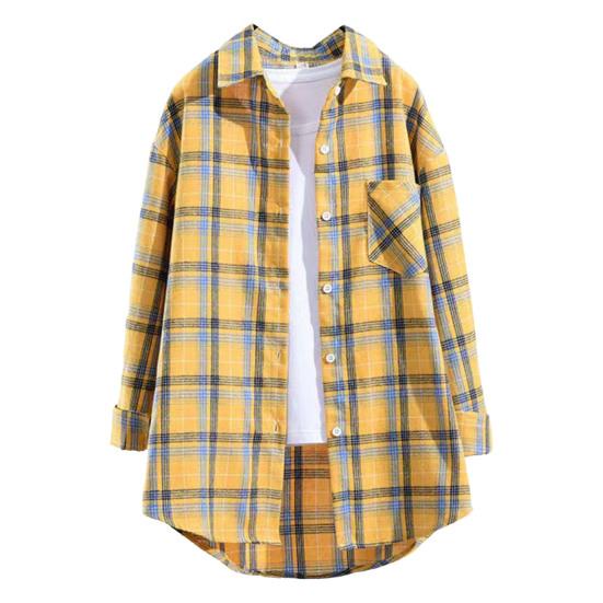 Women Plus Size Shirt with Long Classic Sleeves Single-breasted Collar Patch Pocket Loose Casual Plaid Shirt with Print Blouse