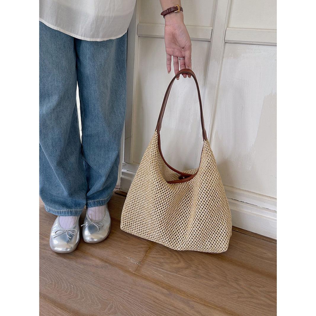 

Сумки плетеные повседневные соломенные сумки-ведра большой емкости однотонные наплечные женские вязаные праздничные пляжные сумки для покупок коричневый