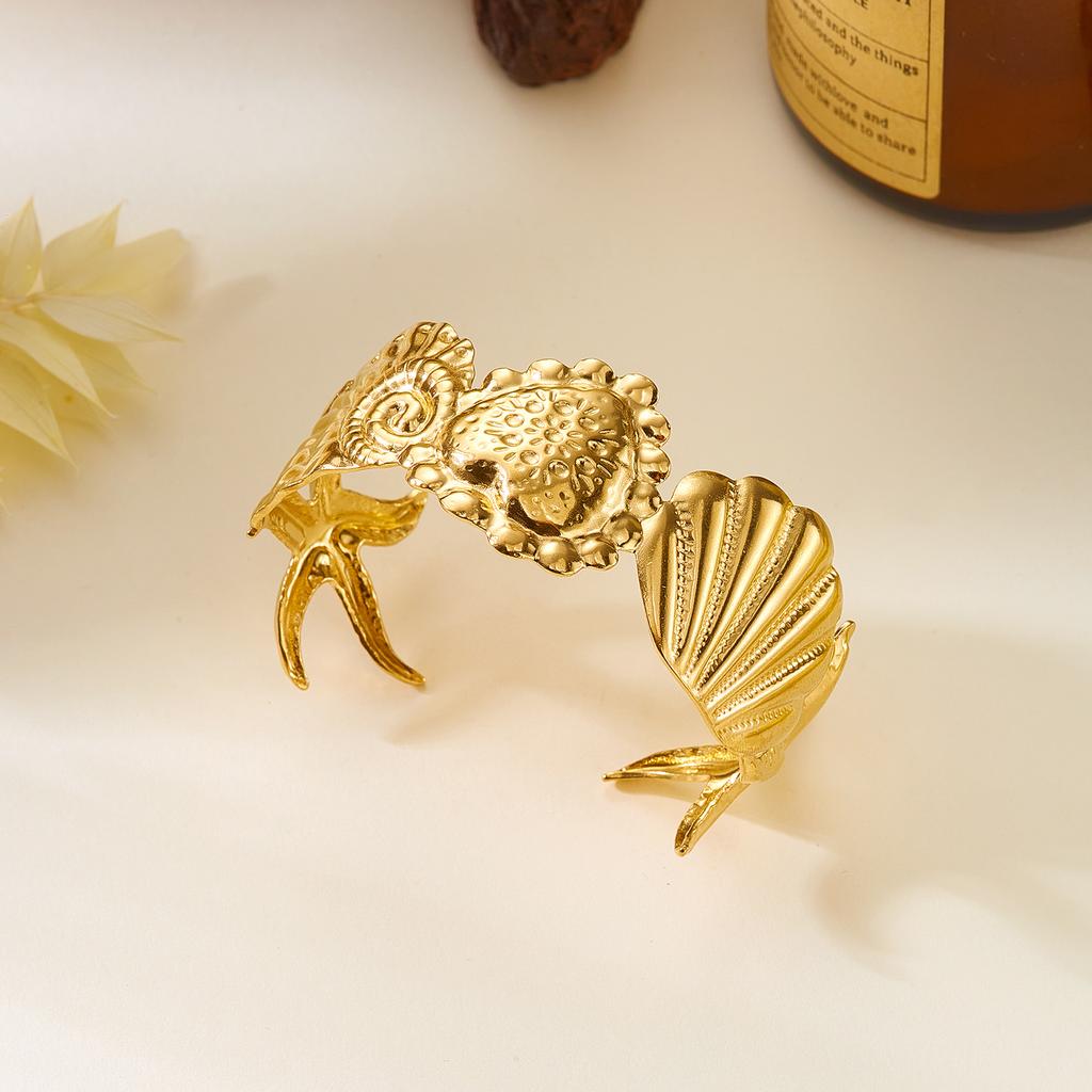 Stainless Steel Vintage Exaggerated Wide Cuff Bangle for Women Gold Color Starfish Shell Geometric Bracelet Beach Party Jewelry
