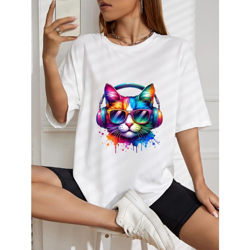 White Oversized T Shirt With Colorful Cat Wearing Headphones And Sunglasses Print For Casual Wear