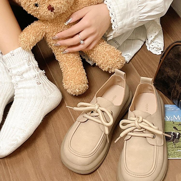 Lace-up small leather shoes women's spring new British style casual soft-soled loafers versatile Doudou single shoes women's shoes