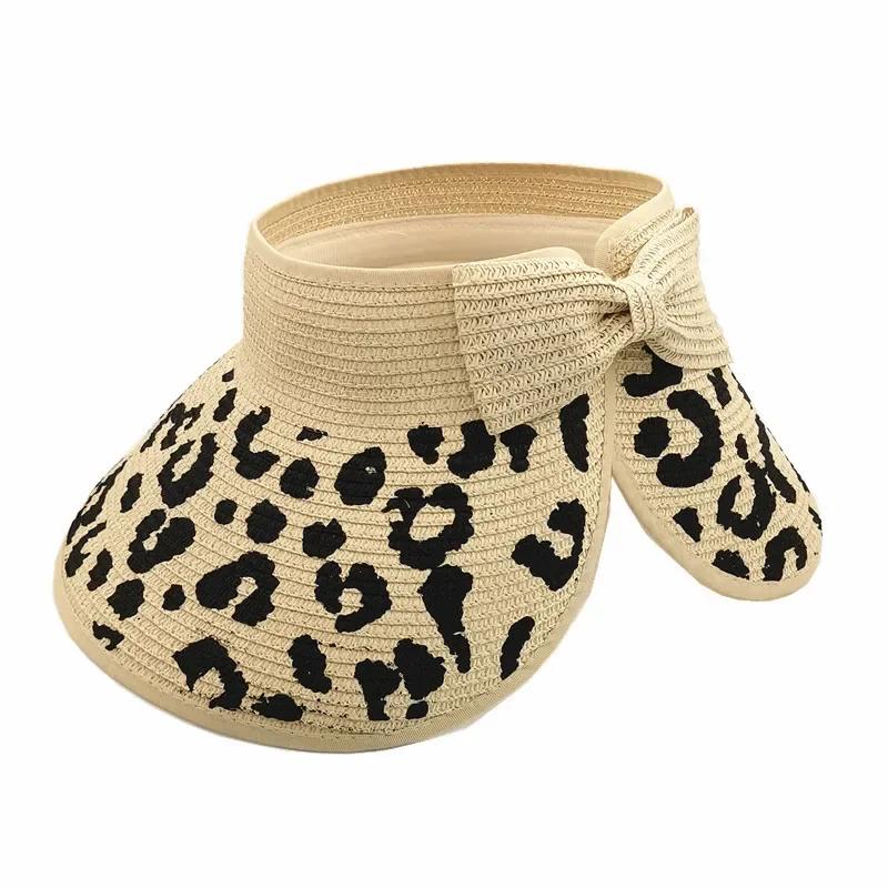 Women Leopard Print Sun Hat Summer Trendy Chic Bow Foldable Wide Brim Straw Cap For Beach Holiday