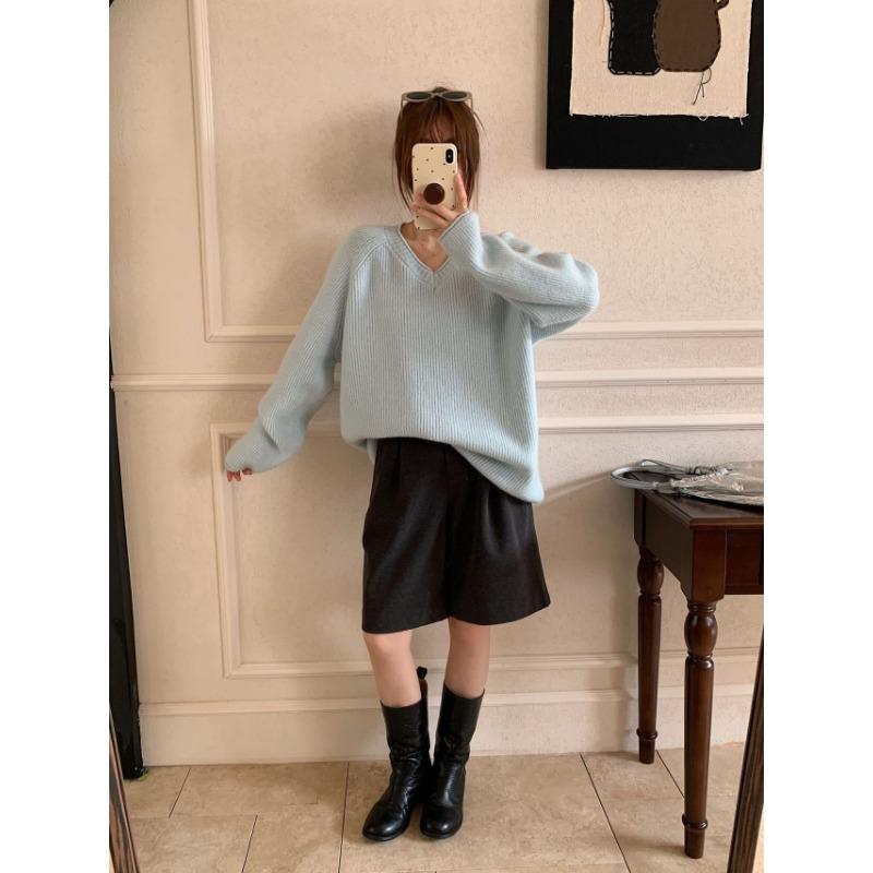 

Свободный повседневный стиль вязаный свитер женский осень и зима новый однотонный V-образный вырез присборенные рукава-фонарики пуловер свитер average size светло-синий