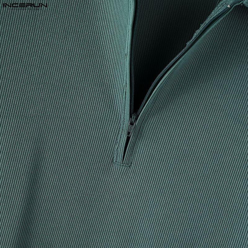 INCERUN Men Lapel Neck Long Sleeve Plain Texture Casual Tops T-Shirts 