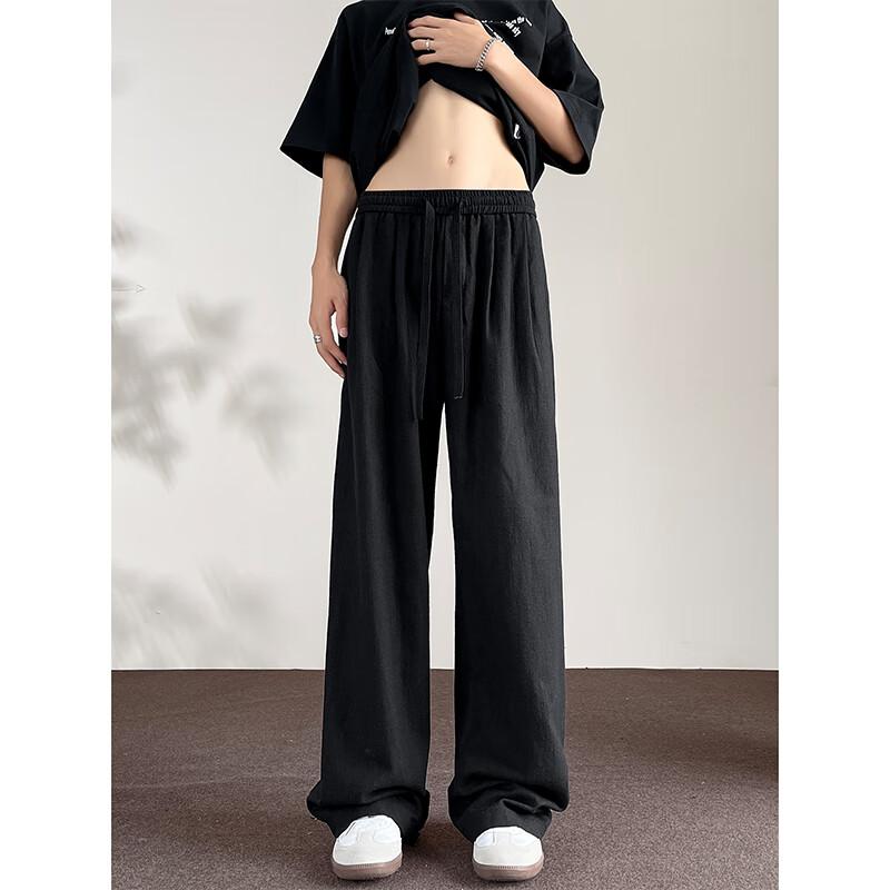 Dingfengbaoluo Men's Linen Pants, Spring Pure Cotton, Draping Loose Straight-Leg Solid Color Casual Pants, DJ83 Black 3XL