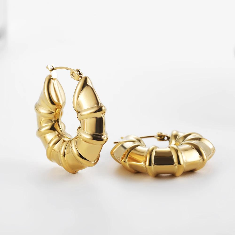 

Bamboo Round Chunky Hoop Earrings for Women Gold Color Thick Circle Round Earrings Stainless Steel Vintage Zircon Party Gifts