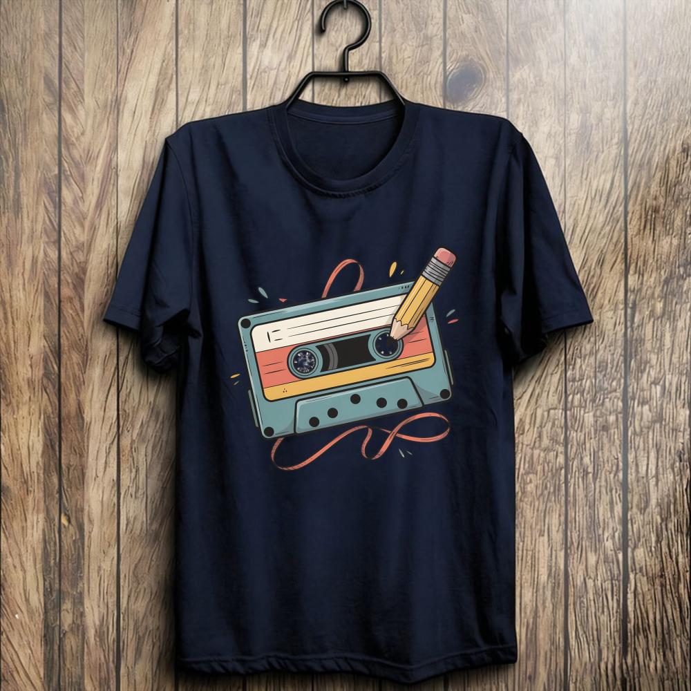 Retro Cassette Tape Printing Tshirt 80s 90s Music Lover Tees Vintage Mixtape Pencil Rewind Funny Tops Unisex Casual Retro Shirt