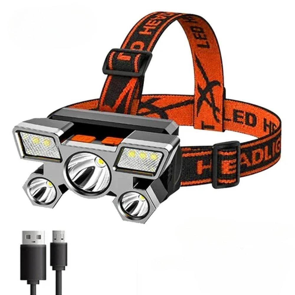 LED Strong Light Five Headed Outdoor Waterproof Fishing Light USB Rechargeable Ultra Bright Head Mounted Flashlight