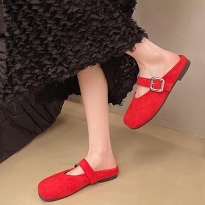 Fashion Women's Soft Sole Slippers Spring New Style Square Head Shallow Mouth Beef Suede Metal Buckle Soft Sole Non-slip Shoes