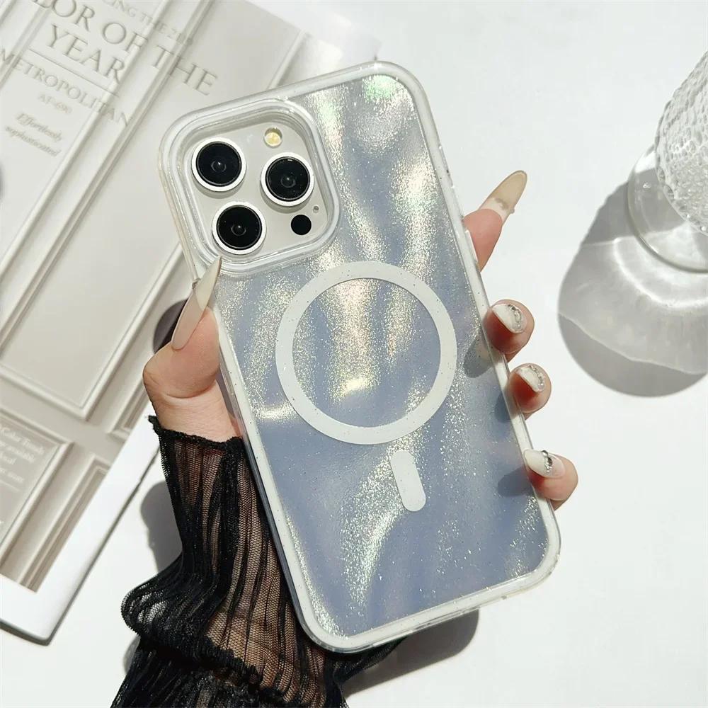 Wasserwellen Schimmernder Glitzer Aurora Laser Handyhülle Für iPhone 16 Pro Max 14 15 Plus 11 12 13 Für Magsafe Magnetische Rückabdeckung