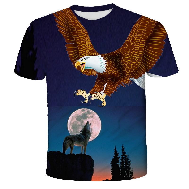 Camiseta infantil com estampa de águia, camiseta com estampa 3D, gola redonda, moda casual, estampa de pássaro, manga curta, tops para meninos e meninas