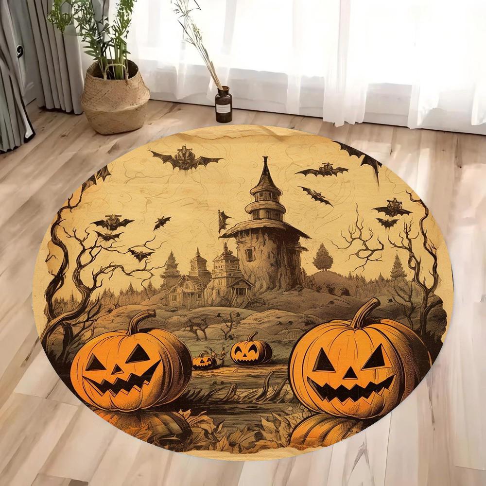 1pc Halloween Rug Bat Pumpkin Printed for Halloween Floor Decoration Non-Slip Round Rug Entrance Mat Living Room Bedroom Decor
