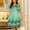 Women Long Sleeve Round Neck Midi Dress Boho Abstract Mandala Dot Floral Print Flared Casual Dress