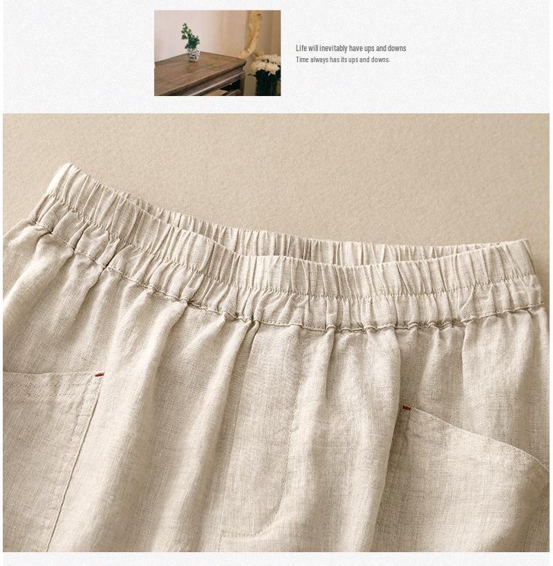 Women's 2024 Retro Cotton-Linen Elastic Waist Shorts with Large Pockets, Wide-Leg, Slimming, Straight-Leg, Versatile Design