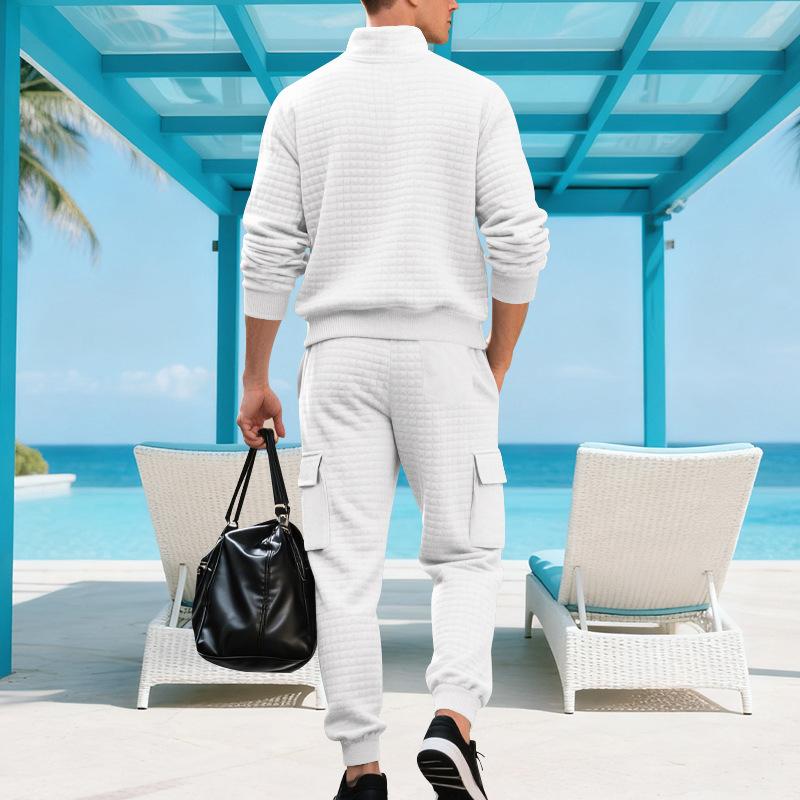 Herbst/Winter Jacquard Karierte Herren Casual Relaxed-Fit Stehkragen Arbeitshose mit Outdoor Hoodie Set