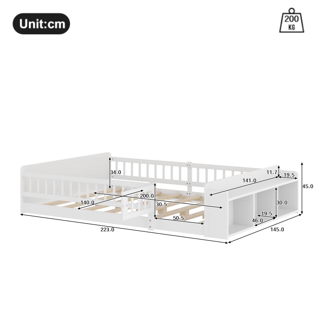 Pat de copii pat de podea 140x200 protecție laterală somieră gard deschizabil Montessori spațiu de depozitare rafturi cadru lemn pat de tineret până la 200 kg