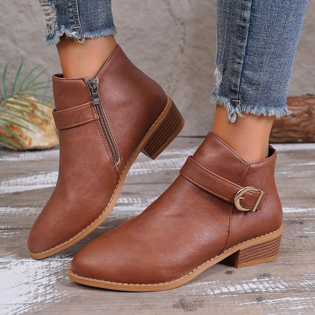 Botas Femininas de Inverno Salto Grosso Bico Fino Sapatos Estilo Zíper Duplo Tamanho Grande Botas Curtas Sapatos Modernos Confortáveis