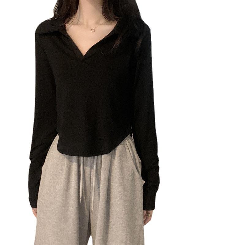 Tricou alb cu gât în V cu mâneci lungi pentru femei, nou de toamnă timpurie, subțire pe interior, cu pantaloni scurți, top studențesc, la modă