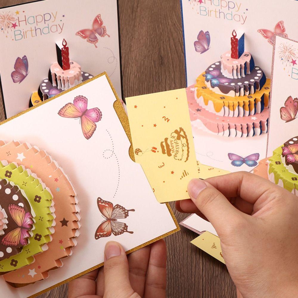 Gifts 3D Happy Birthday Greeting Card Pop Up Warm Butterfly Cake Card Three-dimensional Colorful Birthday Cake Message Card Kids