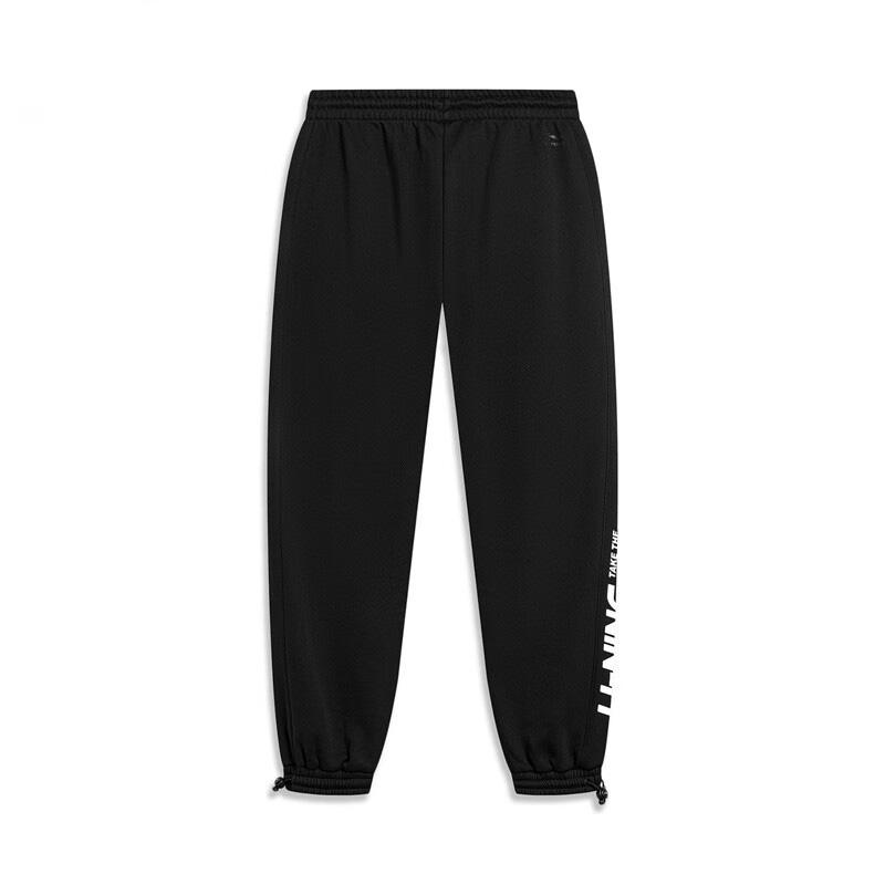 Li Ning Logo Print Fleece Lined Warm Cuffed Knitted Sports Pants Men Bottoms Black AKLTB11-4