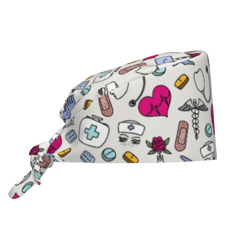 

Custom Cartoon Doctor Nurse Enfermera En Apuros Working Cap Scrub Cap with Sweatband Adjustable Women Tie Back Hat Nurse Caps