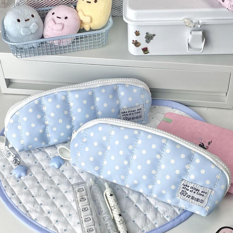 Polka Dot Pencil Case Soft Padded Durable Zipper Dustproof Stationery Organizer for Students School Business Trip Use